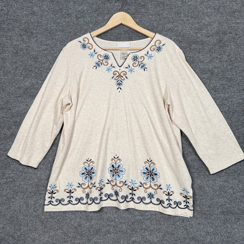 Alfred Dunner Size Large Top Blouse Cream Cotton blend Embroidered‎ Beaded Boho
